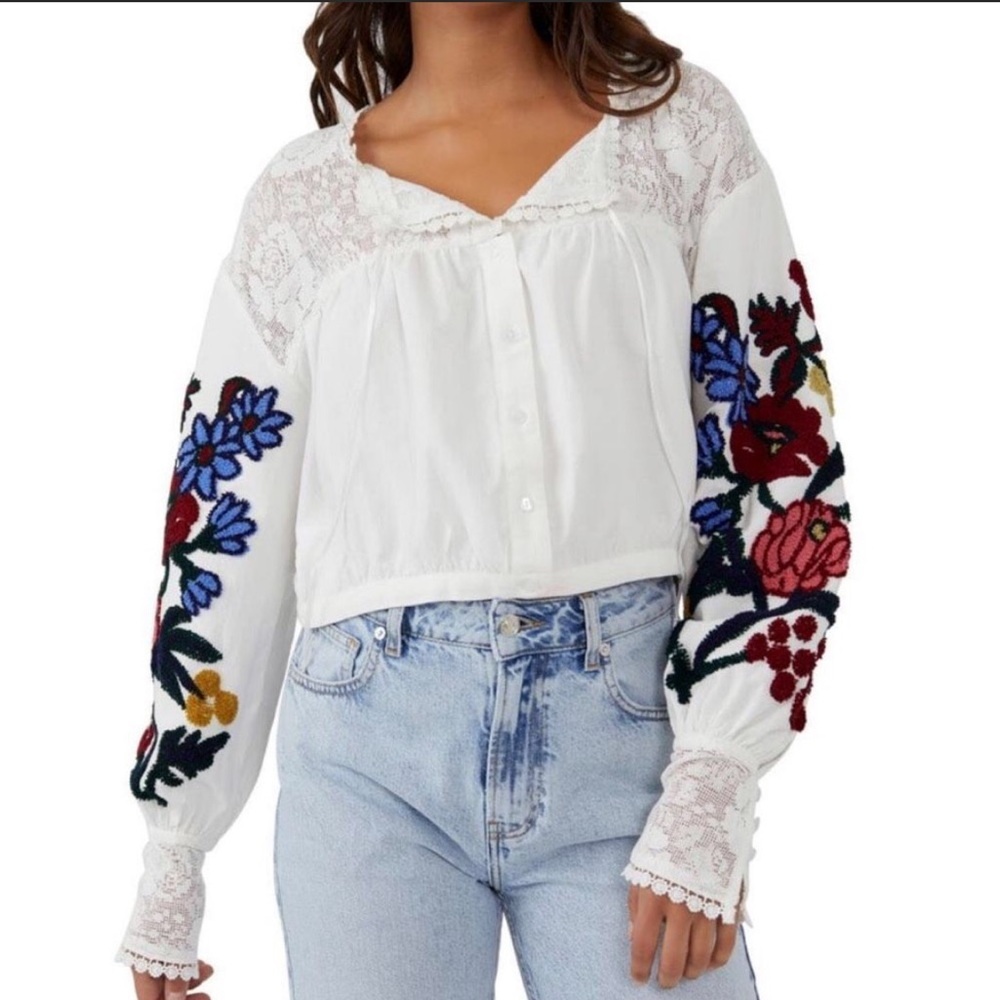 NWT Free People Meadows Embroidered Lace Cotton Top Cottagecore Boho